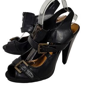 Steve Madden Luxe Black Buckle Detail Zip Front High Heels Women's Size 9.5